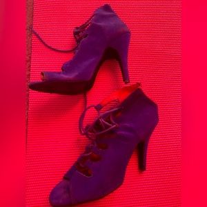 Latin Dancing Royal Blue 2.75 heels, zips from heel, & tightens with shoelace.